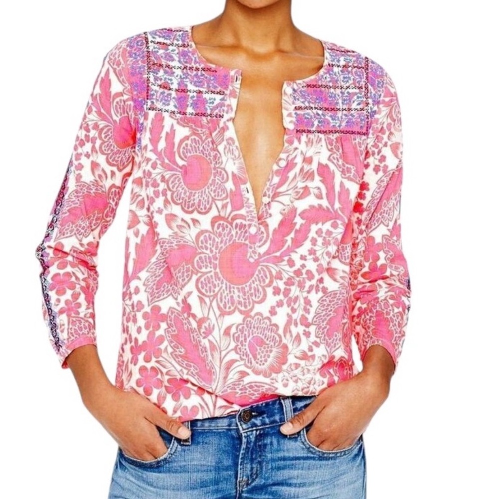 J Crew Floral Embroidered Blouse Top Womens Size 2 Tropical Peasant Boho Cotton